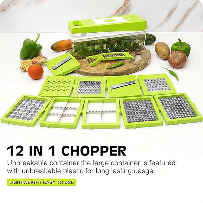 Multipurpose 12 in 1  Vegetable & Fruit Chopper – Food Grade Unbreakable Body with Grater, Peeler, Slicer, Dicer, Easy-Clean Push Button – Kitchen Cutter Tool